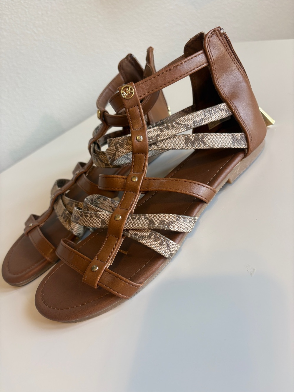 MICHAEL Michael Kors Tan Gladiator Sandals with Snake-Print Straps